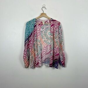 Chico's Women 1 Medium Multicolor Open Cardigan Sweater Ruched Sleeves Causal